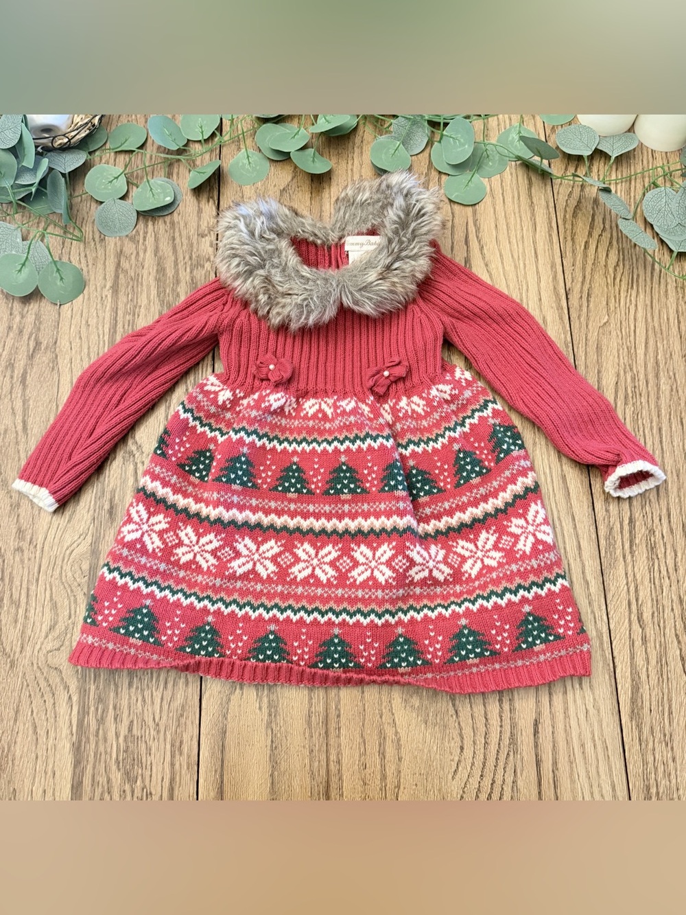 Tommy Bahama Christmas Tree Fair Isle Sweater Dress Faux Fur Collar - Sz 18m EE